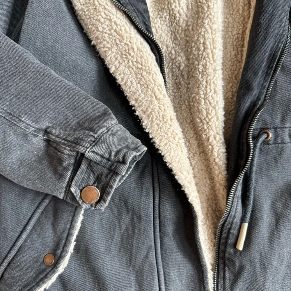 Zara Fleece Lined Black Denim Parka Coat